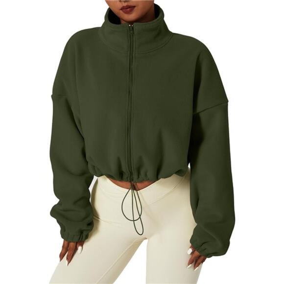 Women's Full Zip Fleece Short Jacket Warm Winter Army Green - Picture 1 of 5